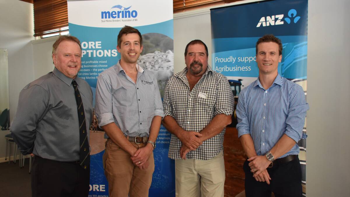 Outgoing Stud Merino Breeders' Association of WA president Wayne Button (left), Manunda stud, Tammin, with guest speaker at the association's annual general meeting and sundowner last week Associate Professor Simon De Graaf, University of Sydney, new Stud Merino Breeders' Association of WA president Scott Pickering, Derella Downs Merino and Pyramid Polls Poll Merino studs, Cascade and ANZ State agribusiness manager Sabin Ivey. ANZ was a sponsor of the event.
