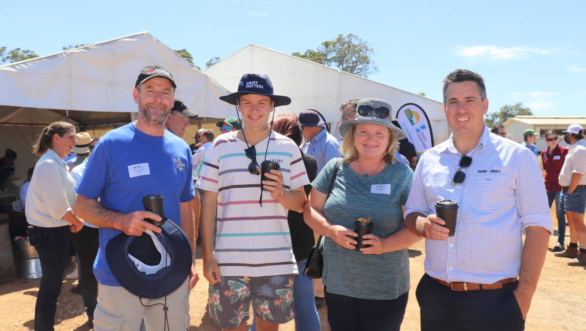 Waroona dairy farmer Luke Fitzpatrick (left), his nephew and farm worker Kaiden Hannah, former Western Dairy chairwoman Vicki Fitzpatrick and Western Dairy board member Nick Brasher from Farmwest breeding services.