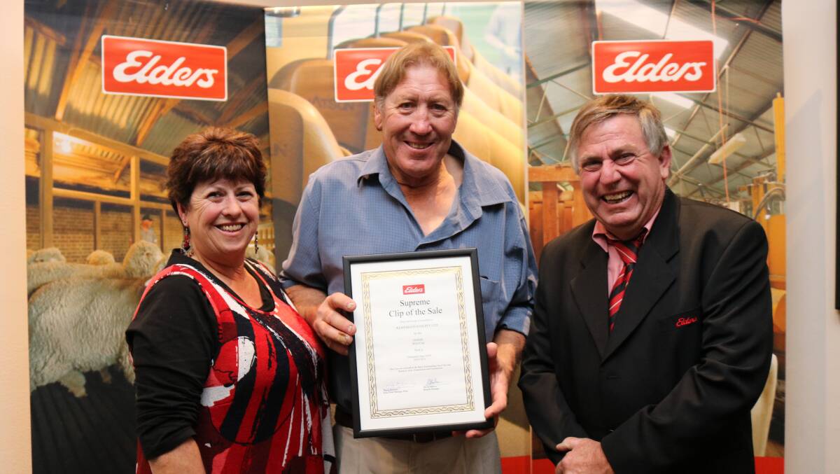  Wemyss Estates managers Robyn (left) and George Hams, Mindarabin, were congratulated by Elders Jerramungup agent David Halleen on the operation winning the Supreme Clip of the Sale award for sale F45.