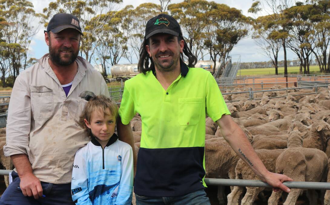  Kulin farmer Michael Lucchesi (left) and his son Ben (7) caught up with Beau Repacholi, Careema Farms, Kondinin, while also on the lookout for some quality Merino ewes at the Westcoast Wool & Livestock Livestock sheep sale recently.