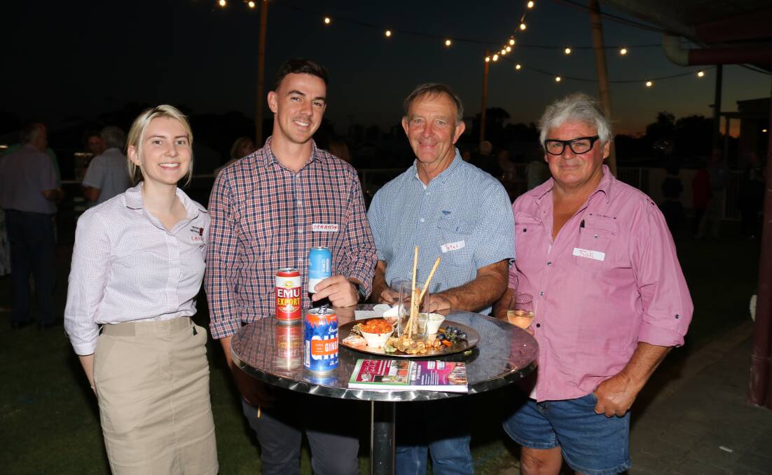 Flying the flag for NAB Agribusiness, Narrogin, were agribusiness managers Casey Gulberti and Stratton Jones with Wagin Woolorama sheep dogs section steward Peter Webster, formerly Wagin now South Perth and poultry section chief steward Joe OBrien, Wagin.