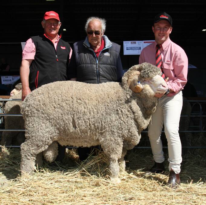 With the $10,000 top-priced ram at the 33rd annual East Strathglen on-property ram sale at Tambellup last Friday were Russell McKay (left), Elders stud stock, East Strathglen stud co-principal Rowland Sprigg and Elders auctioneer James Culleton. Mr McKay purchased the ram on behalf of Barry Shackley & Co, Woodanilling.