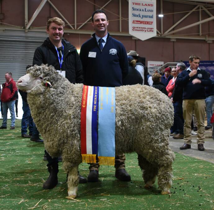 This ram from the Westerdale stud, McAlinden, was sashed the grand champion fine-medium wool ram, champion fine-medium wool Poll Merino ram and champion August shorn fine-medium wool Poll Merino ram. With the ram were fine-medium wool judge Brent Flood (right), Banavie stud, Marnoo, Victoria and Westerdales Craig Jackson.