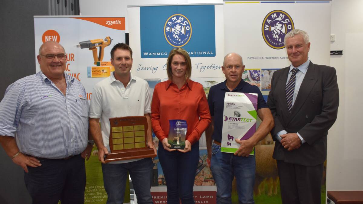 The O'Meehan family, Borden, won this year's WAMMCO Producer of the Year competition after taking out the large crossbred supplier category. Celebrating the family's win were Zoetis sales representative Ben Fletcher (left), whose company sponsored the awards, Myles, Emily and Phillip O'Meehan and WAMMCO chairman Craig Heggaton.