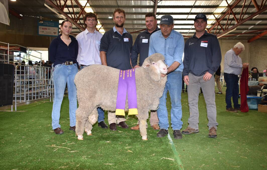 The Edward familys Belmont Park stud, Wagin, exhibited the supreme Merino at this years Perth Royal Show. With the ram which was also sashed the grand champion autumn shorn ram, junior champion ram and champion autumn shorn Poll Merino ram under 1.5 years, were associate judges Darcy King (left) and Tom Bolt, Corrigin, judges Angus Halliday, Callowie stud, Bordertown, South Australia, and Jarrod King, Warralea stud, Gairdner, Belmont Park co-principal Raymond Edward and judge Tom Lilburne, Poll Boonoke stud, Conargo, NSW.