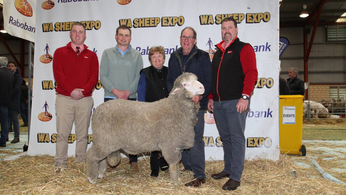 The Bolt familys Claypans stud, Corrigin, topped this years Rabobank WA Sheep Expo & Ram Sale at Katanning with a March shorn Poll Merino ram selling to the Moorundie Park stud, Gulnare, South Australia, for $31,000. With the top-priced ram were Alistair Keller (left), Elders stud stock South Australia, buyer Tom Davidson, Moorundie Park stud, Claypans stud co-principals Lynette and Philip Bolt and Nathan King, Elders stud stock.