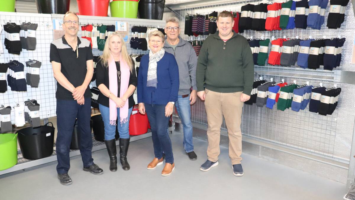 The Sock Factory York team mechanic, David Morley (left), accounts, Paula Schreuder, Helen, Phil and Paul Northern, in front of some of their sock supplies.