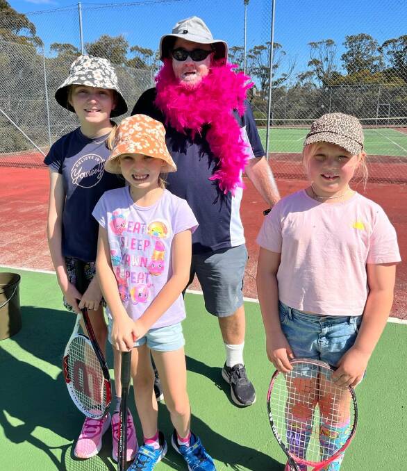 Broomehill Tambellup junior tennis coaching kids Maddie (left) and Hannah Hull, Tambellup, with coach Justin McGuire and Mackenzie Green, Broomehill.