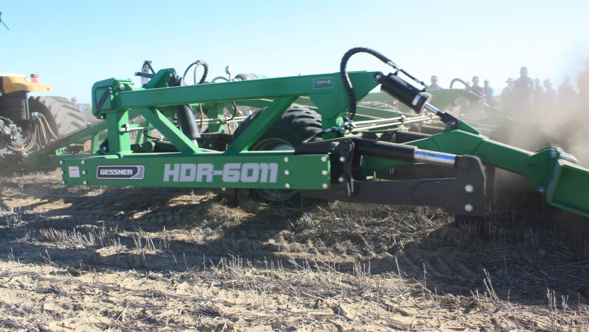 The Gessner HDR 6011 model is put through its paces. The two-row machine features parabolic tynes to reduce draft load.