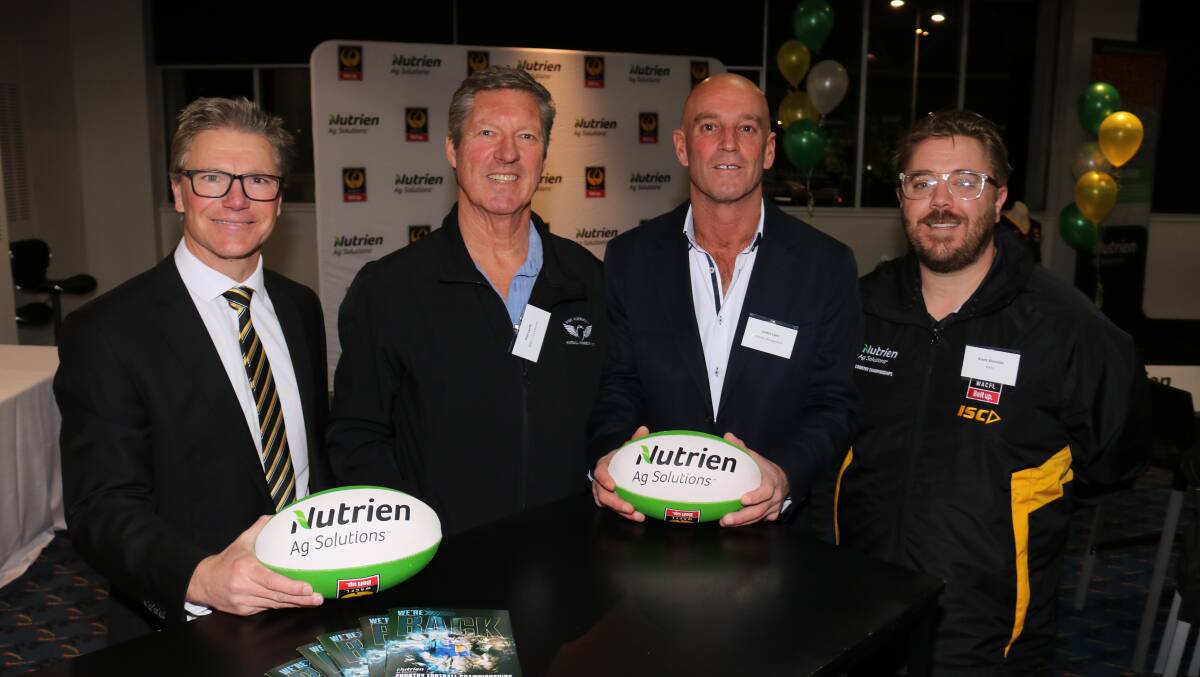  At the Nutrien Ag Solutions Country Football Championships launch last week were WAFC executive manager country football, affiliates and facilities Tom Bottrell (left), WAFC commissioner Phil Lamb, Nutrien Ag Solutions general manager south WA, Justin Lynn and WAFC manager country football south Brent Sheridan.