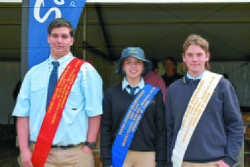 The Merino Fleece Judging saw second place awarded to WACoA Morawa students Shaun Turner (left), with first place awarded to overall champion Lillian Gibson and third place was awarded to Jack Hulme.