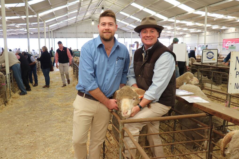 Westcoast Wool & Livestock Albany wool representative Justin Haydock (left), caught up with Eungai and Jaloran stud principal James McLagan, Miling.