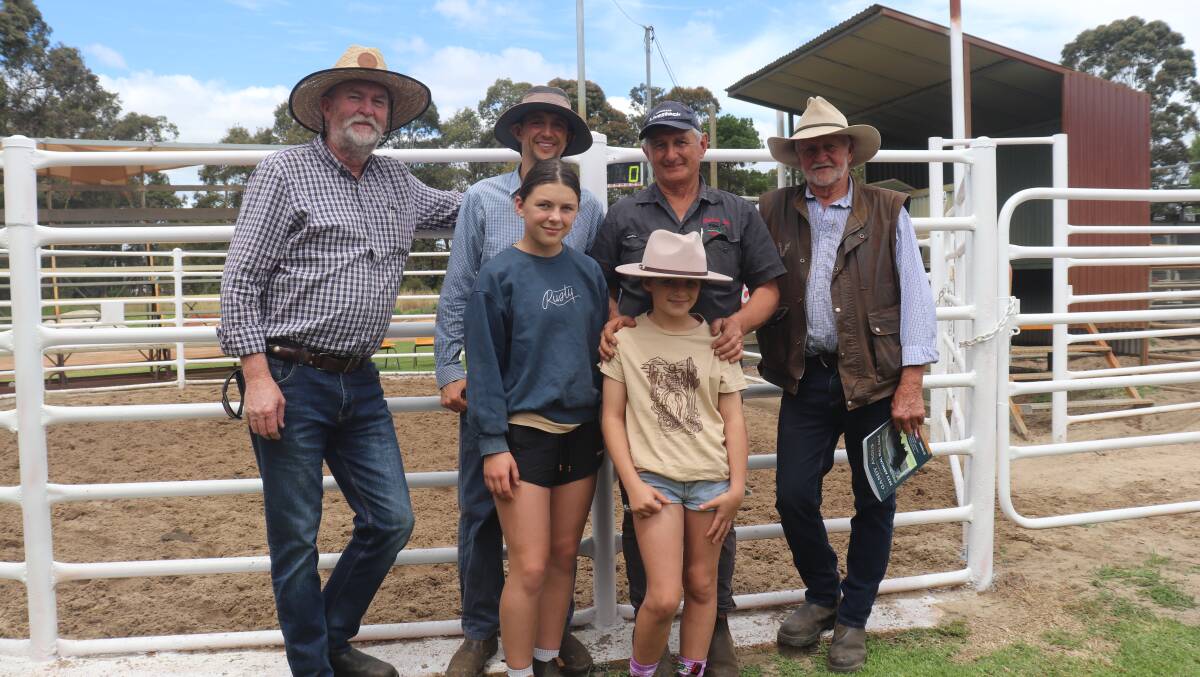 The volume buyer at the Gandy Angus Bull Sale was Alcoa Farmlands, Wagerup. Vaughn Byrd (left), Alcoa Farmlands, is with Steven and Kim Gandy, Gandy Angus and Richard Gardiner Alcoa Farmlands and Kim and Lex Gandys daughters Lola and Romy Gandy (front row).
