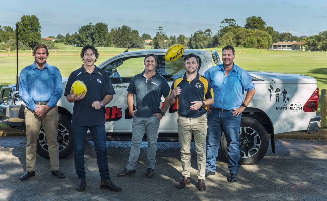 Flanked by Matt Tilbee and Stephen Keatley, both of Westcoast Wool & Livestock, and also pictured with Terry Melrose of The Regional Men's Health Initiative, former West Coast Eagles and Fremantle Dockers stars Matt Priddis and Hayden Ballantyne, who also works with Westcoast Wool & Livestock, are preparing to face-off when the Williams Cats take on the Brookton Pingelly Panthers at Williams Town Oval on Saturday, June 19. The Upper Great Southern Football League match is part of the WACFL's 'Talk to a Mate Men's Wellbeing Round'.