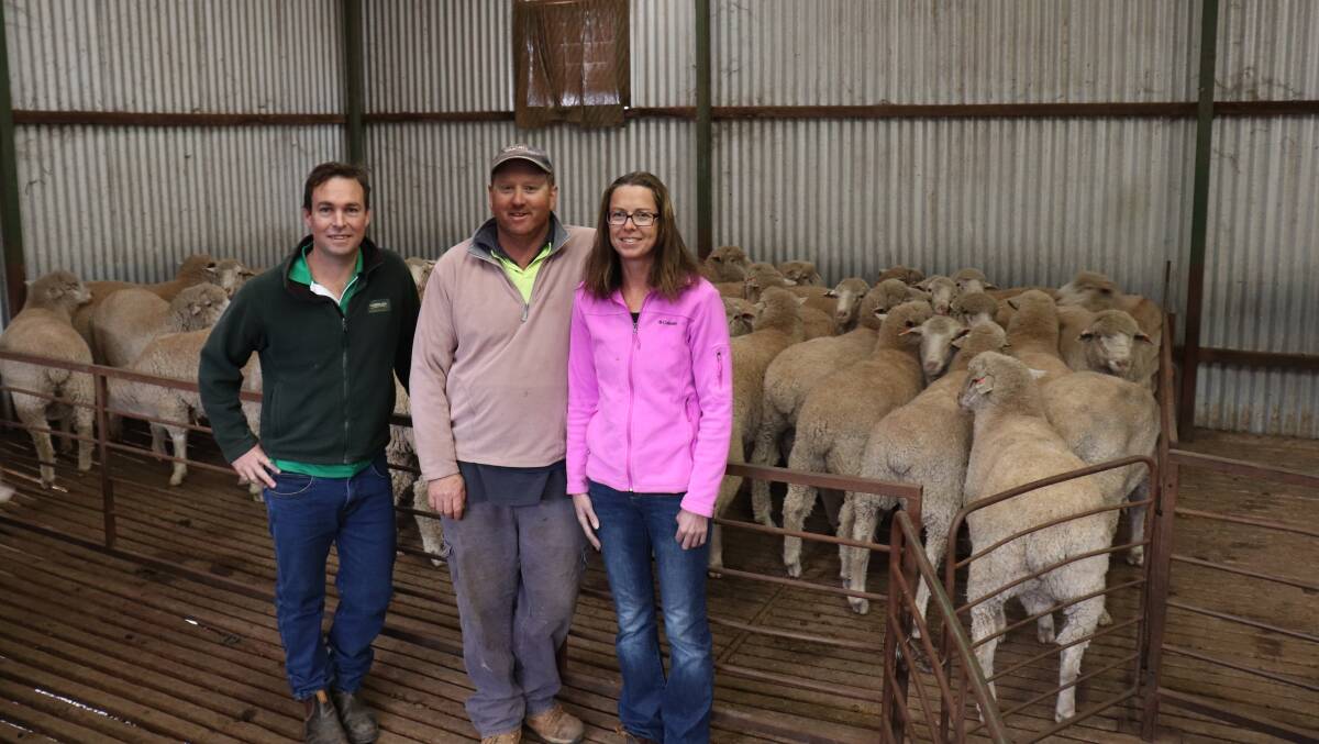 Landmark Dumbleyung agent Scott Jefferis (left) with WA lamb price record holders Dale and Suzanne Cronin of Bunkin Farming Enterprises, Dumbleyung, who sold a pen of 54 Prime SAMM ram lambs at Katanning on June 5 for $289 per head, breaking the State record of $260/head which was held for a week.