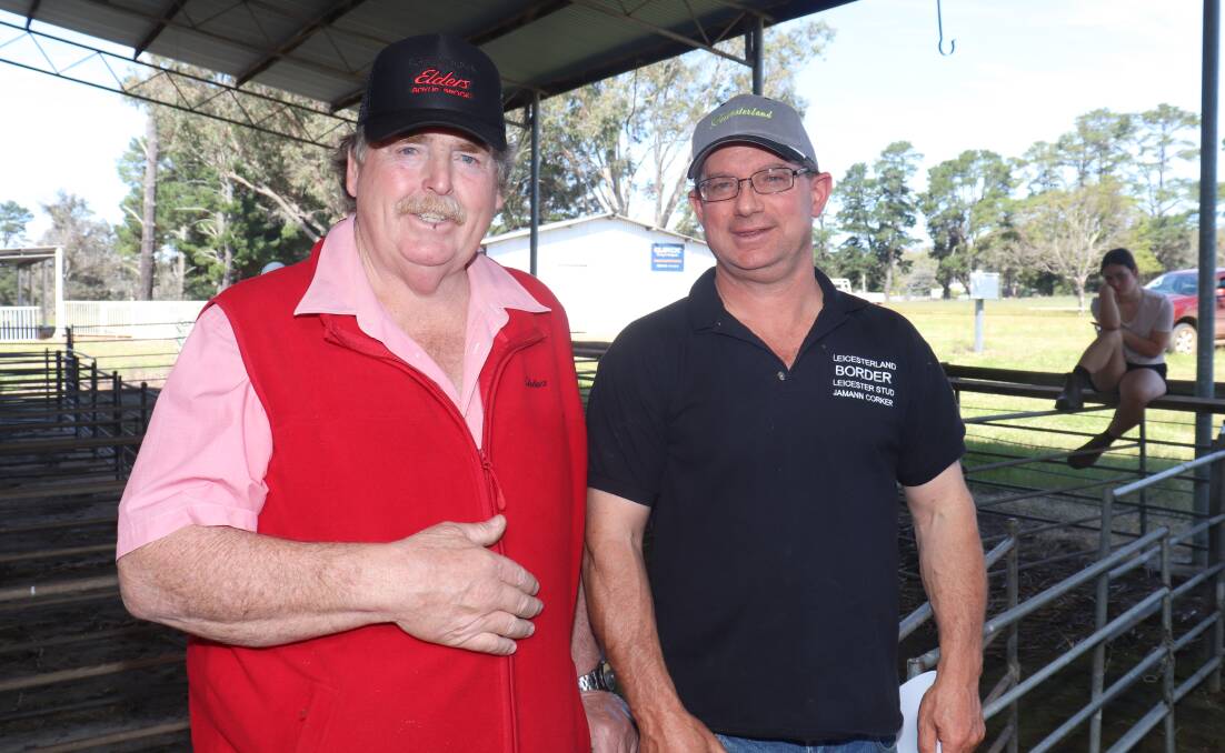 Looking over the rams post sale were Elders Boyup Brook representative Peter Forrest (left) and Leicesterland Border Leicester stud principal Jamann Corker, Walliston.