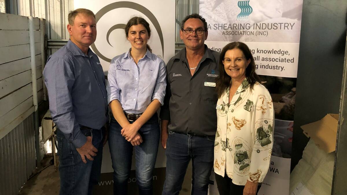 WAFarmers vice president and WoolProducers Australia (WPA) director Steve McGuire (left), AWI stakeholder engagement co-ordinator Ellie Bigwood, Western Australian Shearing Industry Association president Darren Spencer and executive officer Valerie Pretzel at the launch of SafeSheds, The Shearing Shed Safety Program.
