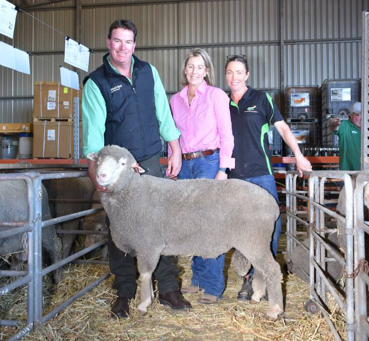 With the $4200 top-priced ram at last weeks Chirniminup on-property Dohne ram sale at Nyabing were Nutrien Livestock auctioneer and Katanning agent Mark Warren (left), buyer Pip Crook, Coolangatta Enterprises, Jingalup and Chirniminup stud co-principal Rachel Browne. Along with buying the top-priced ram Coolangatta Enterprises were equal volume buyers after securing 22 rams at an average of $1786.