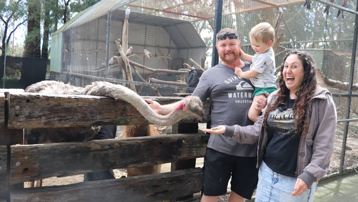 Kristian and Angela Barlow with their son Ryan, Madora Bay, feeding the emus at Red's Zoo.