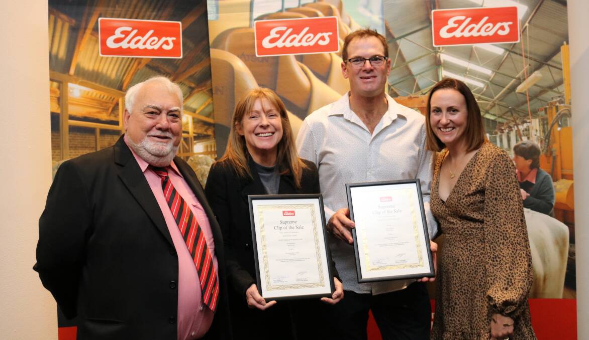 Elders district wool manager Tony Alosi (left), with F42 Supreme Clip of the Sale winners classer Roxanne King, Augusta and growers Daniel and Narelle Bailey, Beverley.