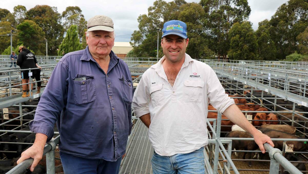 John Barber (left), Manjimup, caught up with Nick McLarty, Pinjarra, on the rail before the sale. During the sale Mr Barber picked up a couple of pens of small cattle.