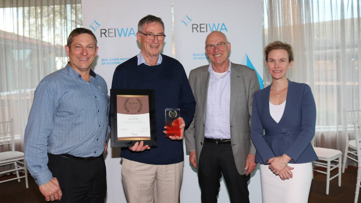 REIWA rural committee chairman Mark Murray (left), inaugural REIWA Rural Hall of Fame inductee Rob McMillan, AWNs WA rural property manager, REIWA president Joe White and chief executive officer Cath Hart at the annual REIWA rural conference at The Vines Resort, Swan Valley, last Friday.