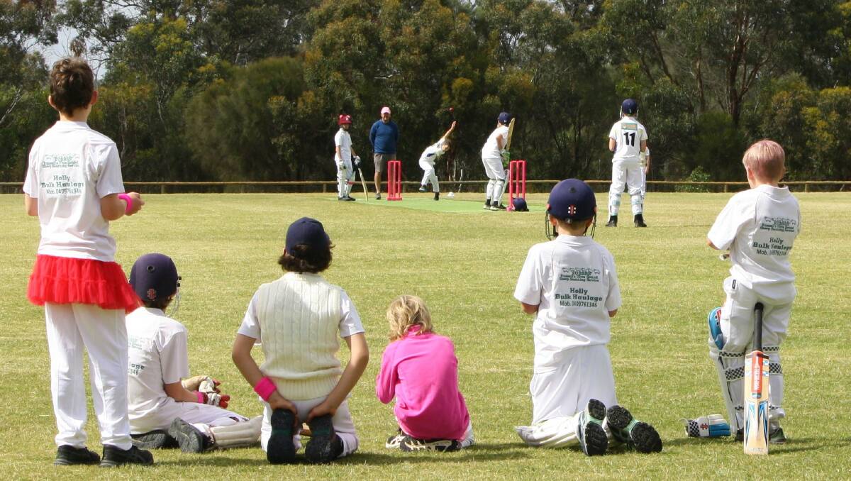 The Broomehill youngsters waiting for their turn to bat in the game against Katanning.