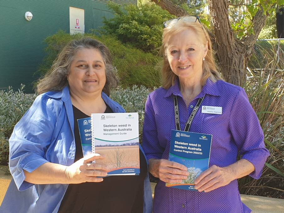 DPIRD biosecurity officer Carla Tassone (left) and administration officer Heather Staphorst, based at Narrogin, with the latest issue of the Skeleton Weed in Western Australia: Management Guide and Control Program publication, now available to landholders.