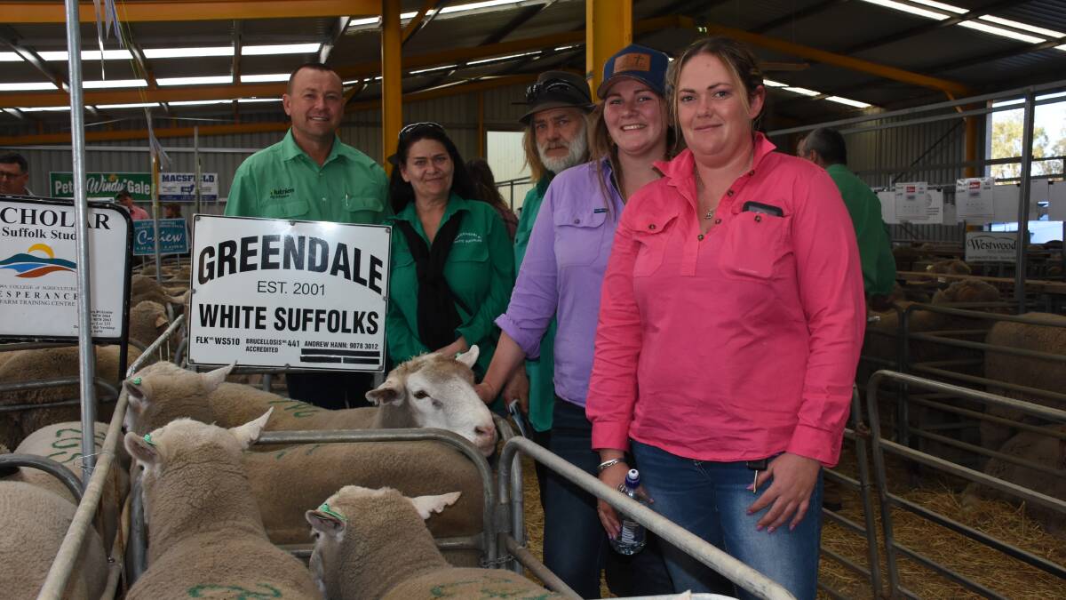 The Greendale White Suffolk stud, Esperance, returned to the sale this year and offered and sold 10 sires to a top of $1200 twice. With the stud's rams were Nutrien Livestock Brindley and Chatley Esperance agent Darren Chatley (left) and Greendale's Rosalie and Andy Hann, Rachel Tonkin and Kristy Hine.