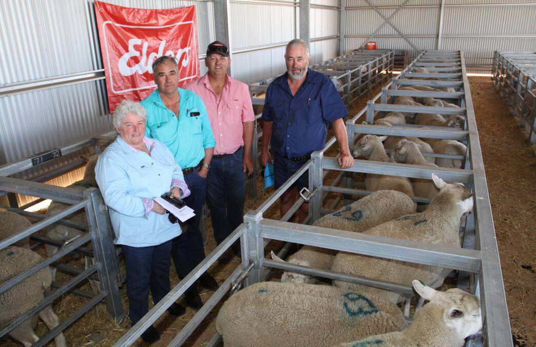  Buyers Debbie (left) and Graeme Pyle, Pyle Brothers, South Stirlings, Elders Mingenew livestock agent Ross Tyndale-Powell and Riverbend Poll Dorset and Border Leicester studs principal Chris Patmore, Eneabba. The Pyle family were the volume buyers at the Riverbend sale where they paid to the sale's equal top price of $1400 for 12 Border Leicester rams.