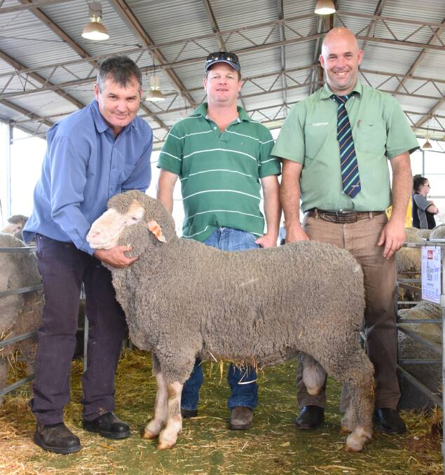 This Poll Merino sire from Toorackie stud, Williams, sold for the sale's equal second top price of $4400 at last week's Williams Breeders' Ram Sale. With the ram were Toorackie co-principal Brendan Haddrick (left), buyer Daniel Zadow, WR & PC Zadow, Kojonup and Landmark Williams agent Ben Kealy.