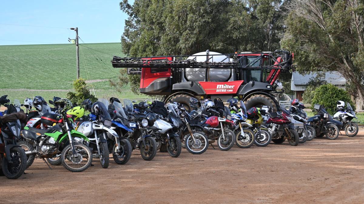 Some of the motorbikes that featured on the latest ADAMA Australia 2-Wheel Trial Tour in WA, captured here during a Mingenew Irwin Group Crops & Hops afternoon event that highlighted the Bilberry green-on-green and green-on-brown spot spraying system.
