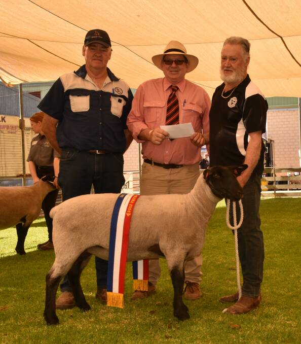 Glenn Cole, Sasimwa stud, York, holds the champion Suffolk ewe. With him is judge Adrian Veitch (left), and Elders stud stock prime lamb specialist Michael ONeill who presented the sponsors cheque.