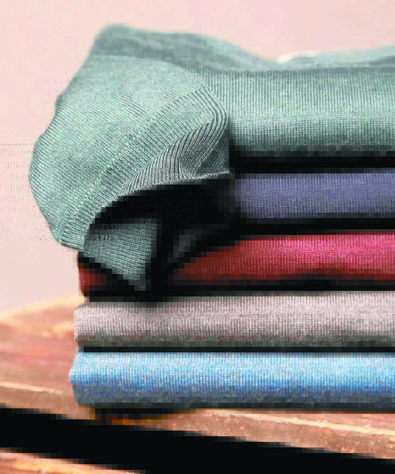 Wool from the Bennett family's property Ashby, Ross, Tasmania, is used exclusively in these jumpers from M.J. Bale's Buchanan Ashby range.