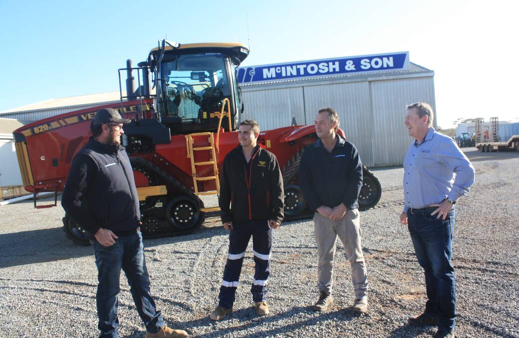 After a solid demonstration program with this Versatile 620 Delta Track model, it's time for follow-up by McIntosh & Son sales staff. PFG Australia WA manager Dave Rogers (right) tells Merredin branch manager Rob Pauley, service manager Jay Costantini and salesman Corey Harken that stock will be on its way by November. "It would be prudent to talk to McIntosh & Son over the next few weeks to secure a model for 2021," Mr Rogers said.