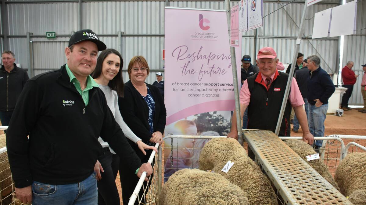 In the sale the Ledwith family donated the proceeds of one of their Poll Merino rams to the Shearing For Liz Pink Day fundraiser charity for Breast Cancer Research - WA and it sold to the Fowler family, Chilwell, Condingup, for $1500. Looking over the ram were Nutrien Livestock Breeding representative Mitchell Crosby (left), who purchased the ram for Chilwell, Kolindales Daniela Varone and Shirley Ledwith and Elders stud stock representative Russell McKay.