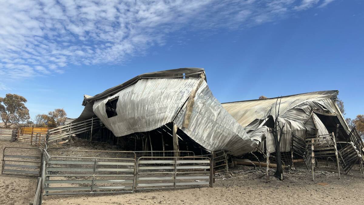 All that remains of one of the two shearing sheds that burnt down at Claypans Merino and Poll Merino, Corrigin, stud last year.