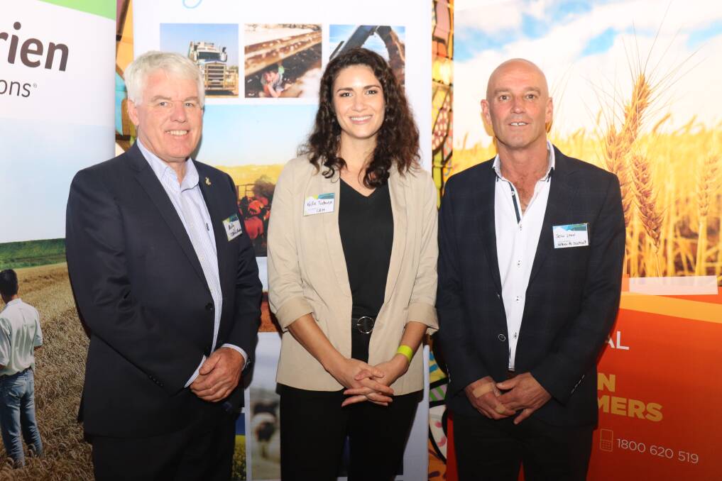 Speaking on the night and addressing the topic of anyone can ag were GrainGrowers Limited grower engagement officer WA, Alan Meldrum (left), CBH Group manager government and industry relations Kellie Toddman and Nutrien Ag Solutions general manager south WA, Justin Lynn.