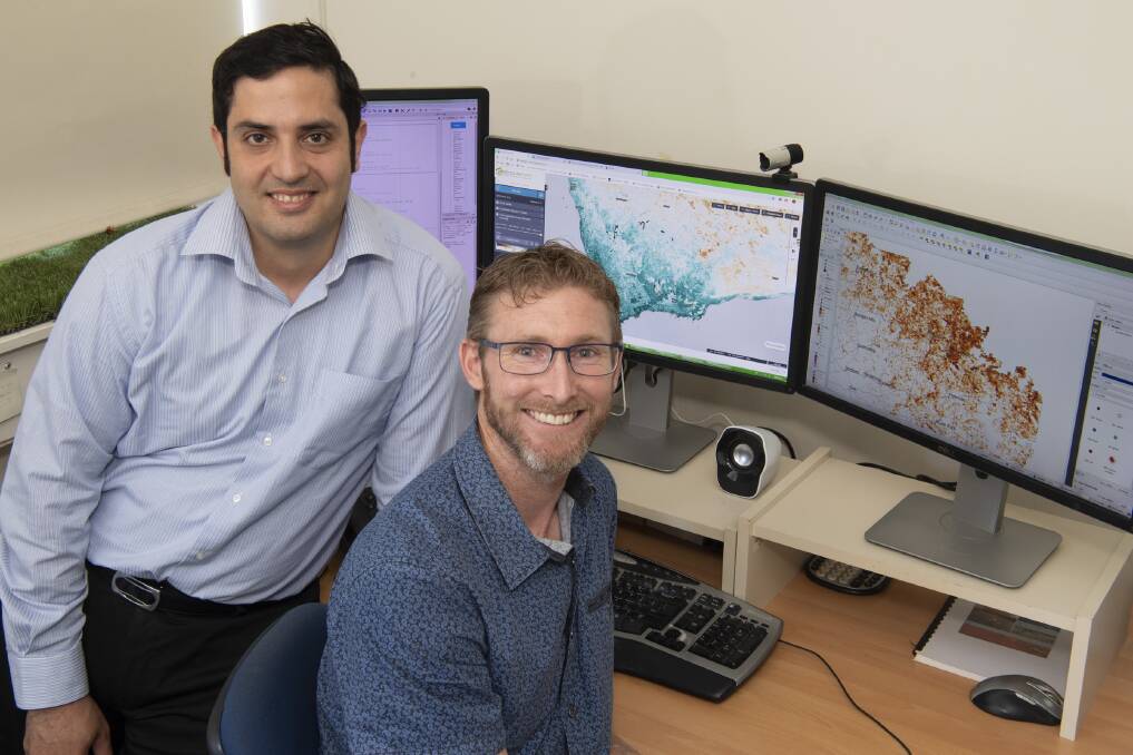 DPIRD research officers Dr Pouria Ramzi (left) and Justin Laycock have been working on a project to improve the accuracy of ground cover measurements in satellite imagery products.