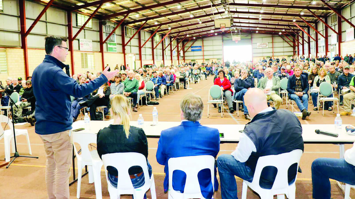 Federal Natonal Party leader David Littleproud makes a point at the public meeting in Katanning on Monday afternoon, attended by an estimated 650 people.