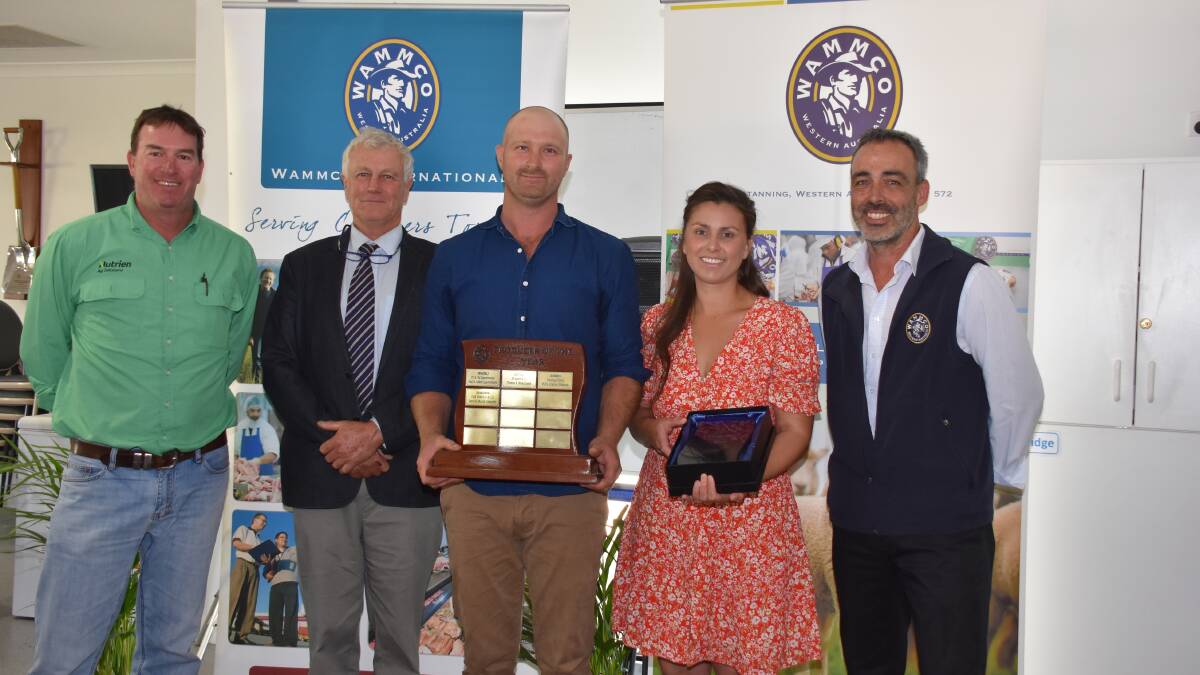 The introduction of prime lambs to the Stanichs business has paid off with their hard work being rewarded in 2020 when they won the overall WAMMCO producer of the year award. At the presentation were the Stanichs agent Mark Warren (left), Nutrien Livestock, Katanning, WAMMCO chairman Craig Heggaton, Ben and Mardi Stanich, receiving their award and WAMMCO supply and development manager Rob Davidson.