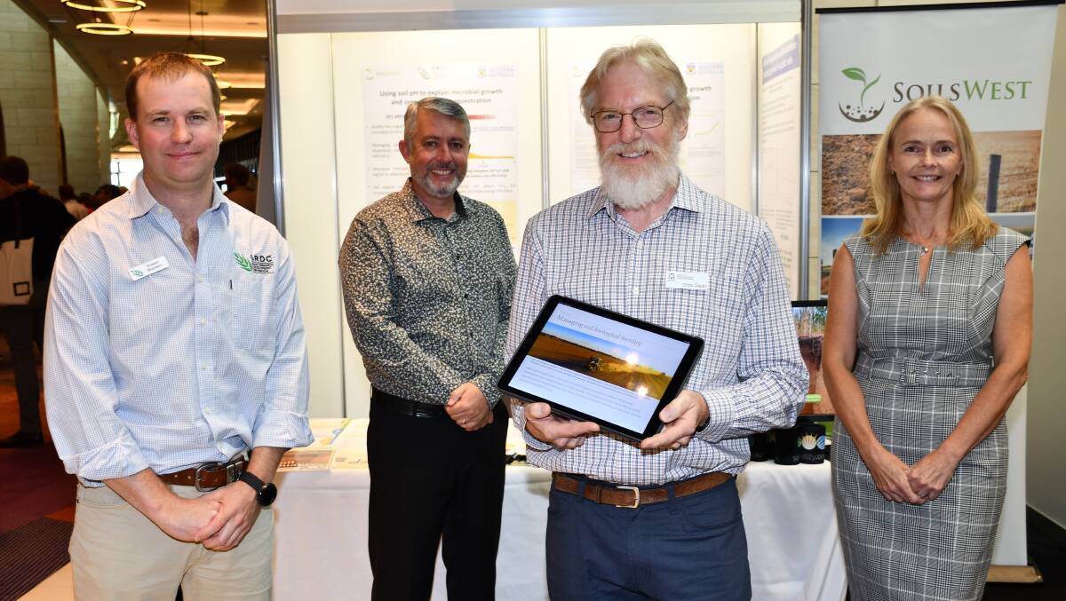  At the launch of the free e-book, Soil Quality: 5 Soil Biology, at the GRDC Grains Research Update, Perth, on Monday morning were GRDC manager agronomy, soil and farming systems west Rowan Maddern (left), UWA professor Daniel Murphy, DPIRD soil science and crop nutrition portfolio manager Chris Gazey and SoilsWest director and co-author of the book, UWA associate professor Frances Hoyle.