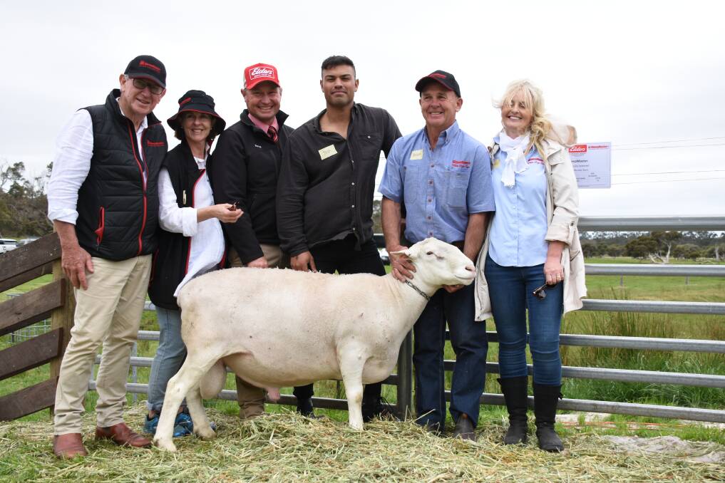 With the 2020 ram selling season's $25,500 top-priced shedding breed ram which was sold by the SheepMaster stud at the National SheepMaster ram sale at Elleker were SheepMaster stud principal Neil Garnett (left), Alison Bannan, SheepMaster stud, Elders Albany representative David Lindberg, buyer Josh Everett, who was at the sale bidding on behalf of his mother Phillipa Hamersley-Everett, Angevin stud, Tenterfield, NSW and Brian and Susi Prater, SheepMaster stud.