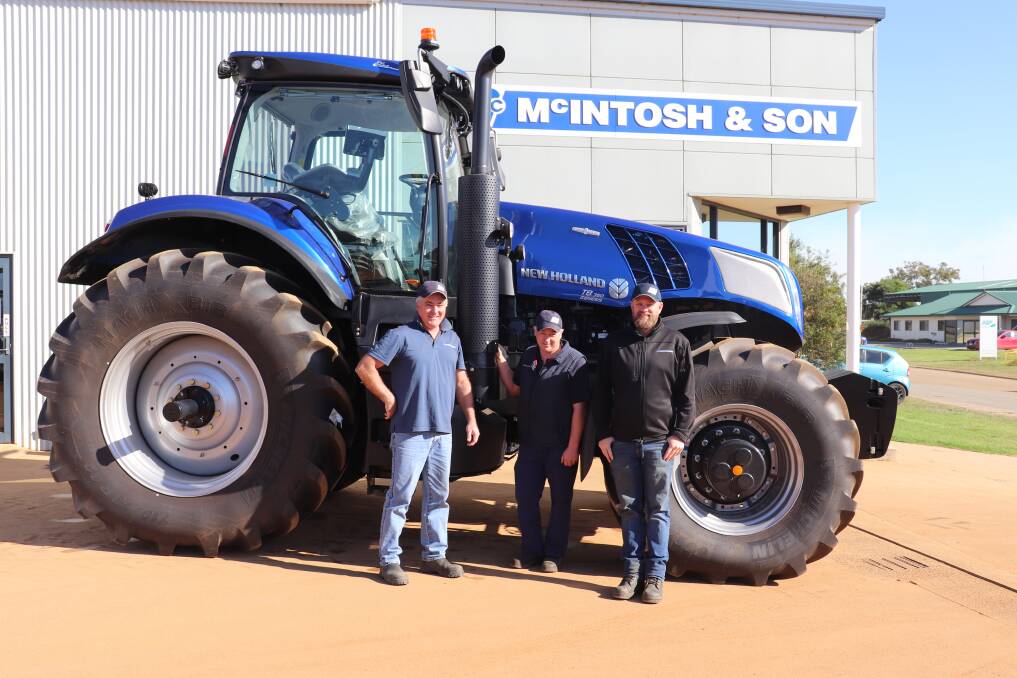 McIntosh & Son, Albany, branch sales consultant Michael Fethers (left) with branch service manager Chris Bodily and parts superviser David Clark in front of the new New Holland T8.350 PLMI tractor which will be delivered this month to a customer in Woodgenellup. Mr Fethers has been with the company for 10 years after farming at Calingiri. He said he moved to Albany for family and loves the outdoor life in the region  especially with his involvement in the vintage enduro club.