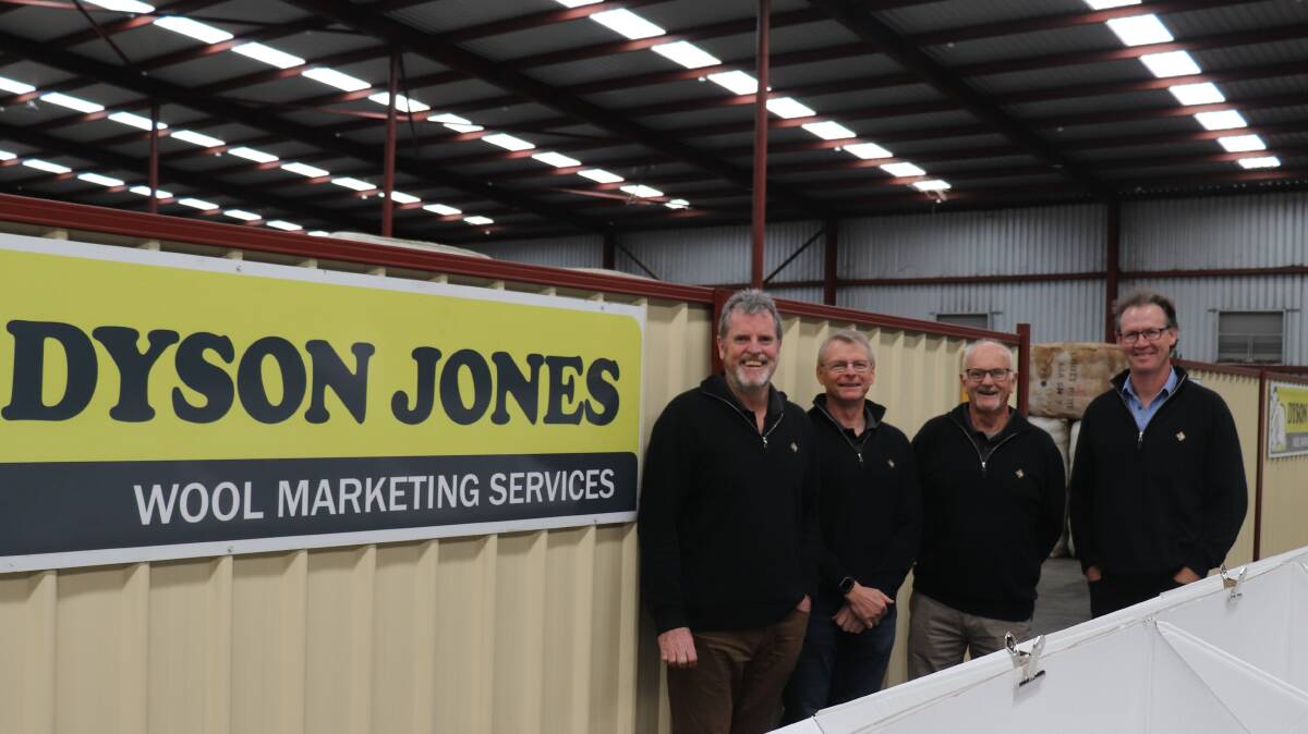 Former Primaries of WA wool colleagues for 31 years, Carl Poingdestre (second left) and Tim 'Chappy' Chapman (second right) were reunited on Monday and now work together for Dyson Jones Wool Marketing Services. Welcoming Mr Chapman to their wool team are Dyson Jones trading manager John Stothard (left) and State manager Peter Howie (right).