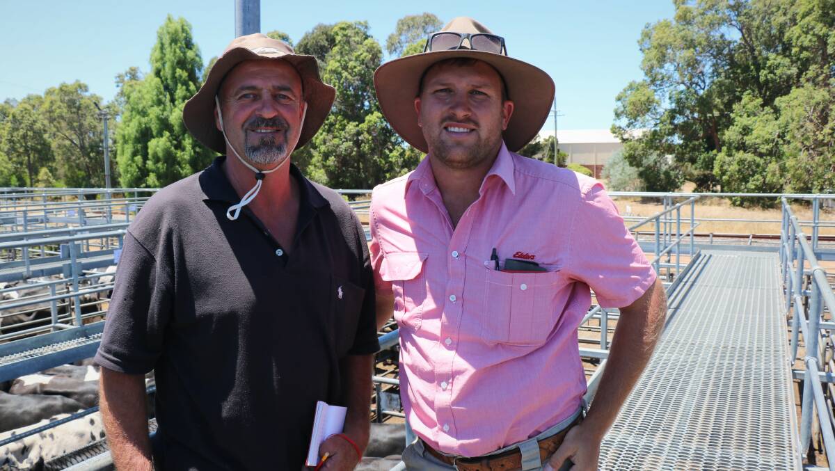 On the rails before the sale were Craig Berryman (left), Carbanup and Elders, Busselton representative Jacques Martinson.