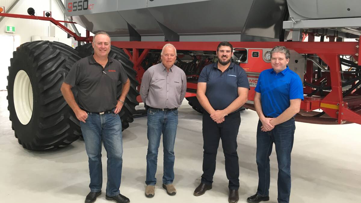 Morris owners at last week's Morris Input Control Technology (ICT) training day at McIntosh & Son, Wongan Hills branch were given a pleasant surprise with the attendance of two senior Morris executives. Morris Industries president Ben Voss (right), is pictured with Morris WA sales manager Eliot Jones (left), Morris Industries vice president (sales) Mike Dahlseide and McIntosh & Son Wongan Hills branch manager Aaron Sachse.