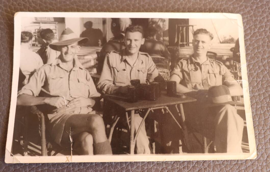 Another photo Bill Marchant sent home from Tel Aviv while on leave, this time to his future wife Molly Gleeson, care of 'Wimmeravale', Yelbeni, WA. His note on the back says "myself (left), a yank and another Australian" with the date November 18, 1942.