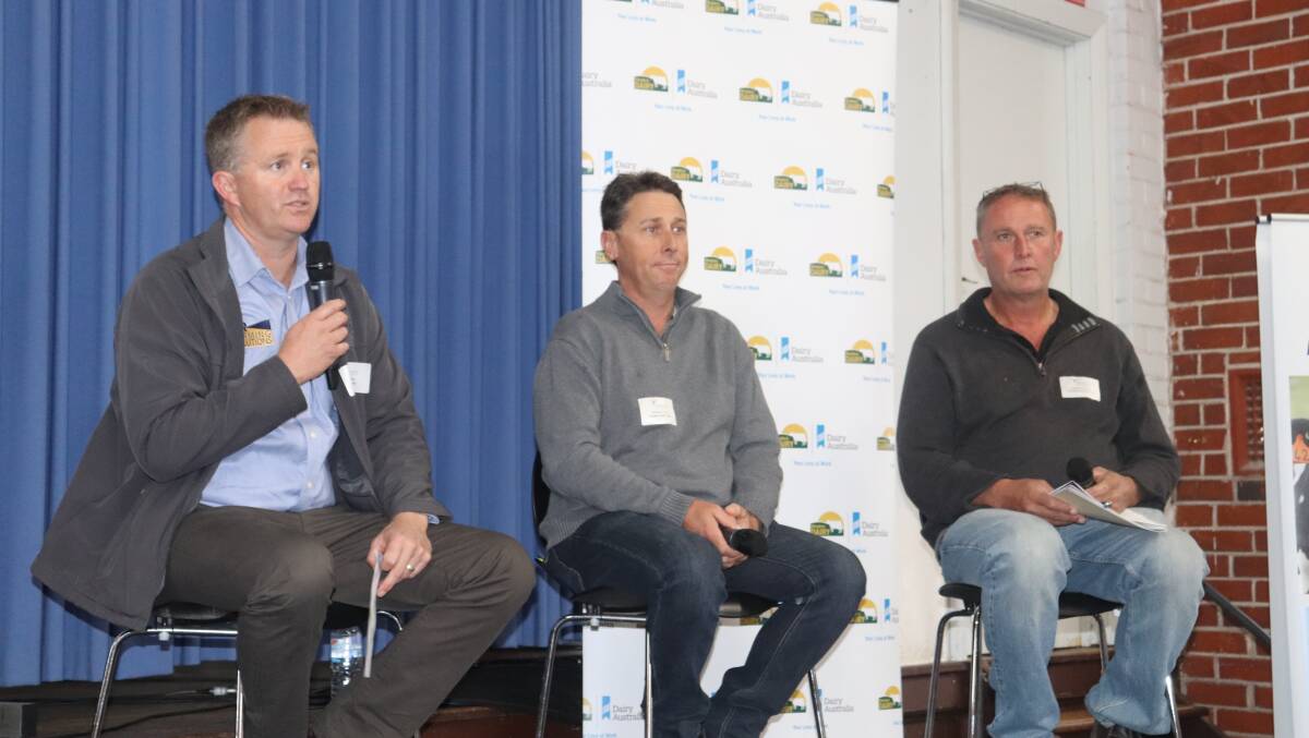 Encouraging more farmers at Western Dairy's 22nd annual Dairy Innovation Day to join the Dairy Farm Monitor Project are agribusiness consultant Kirk Reynolds (left), Dardanup dairy farmer Warrick Tyrrell and Boyanup dairy farmer Michael Twomey.