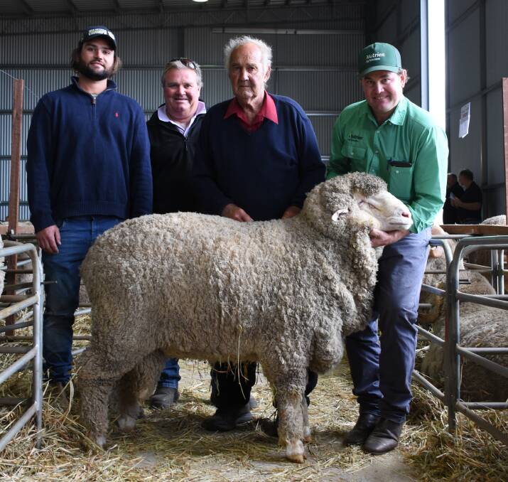 With the $6750 top-priced Poll Merino ram at the East Strathglen on-property ram sale at Tambellup were buyers James (left) and Ben Fairclough, Quairading, East Strathglen co-principal Rowland Sprigg and Nutrien Livestock Breeding representative Mitchell Crosby.
